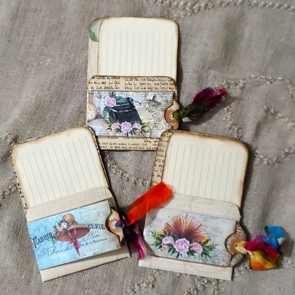 🙏 HAND CRAFTED Set of 3 collage library cards with flip front and tags